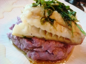2nd main course: SUPER TWISTED! Lapu-Lapu in crusted potatoes---w/ Ube mash mind you! This one is HEAVENLY!